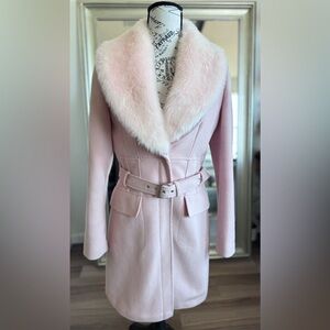 90s Y2K Style BEBE Baby Pink Faux Fur Collar Belt Trench Coat Size S *FLAWS